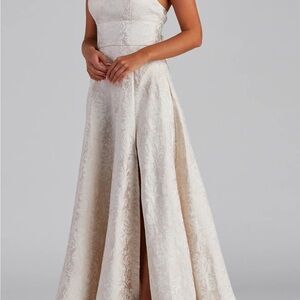 Windsor Ivory Floral Jacquard A-Line Prom Dress